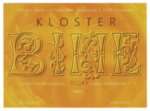 KLOSTER BINE Standort der Bienenstöcke: Logo (DPMA, 10/15/2020)