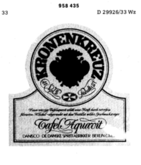 KRONENKREUZ Tafel Aquavit Logo (DPMA, 26.11.1975)