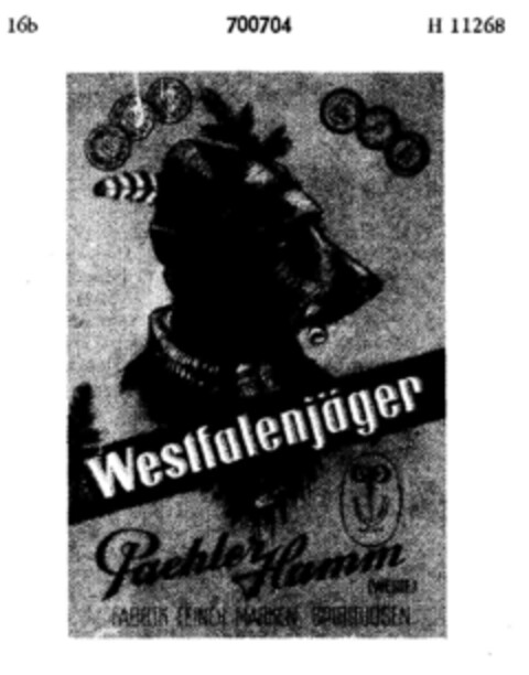 Westfalenjäger Paehler Hamm (WESTF.) FABRIK FEINER MARKEN SPIRITUOSEN Logo (DPMA, 01.02.1956)