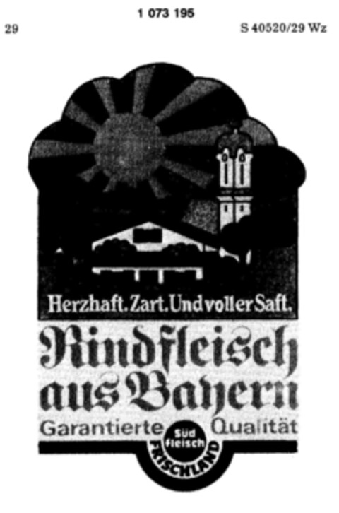 Rindfleisch aus Bayern Garantierte Qualität Südfleisch FRISCHLAND Logo (DPMA, 09.06.1984)