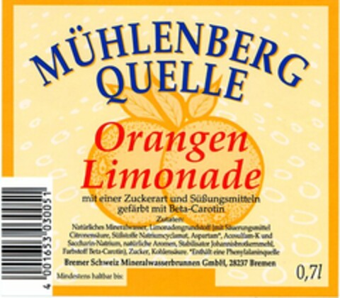MÜHLENBERG QUELLE Orangen Limonade Logo (DPMA, 03.12.2003)