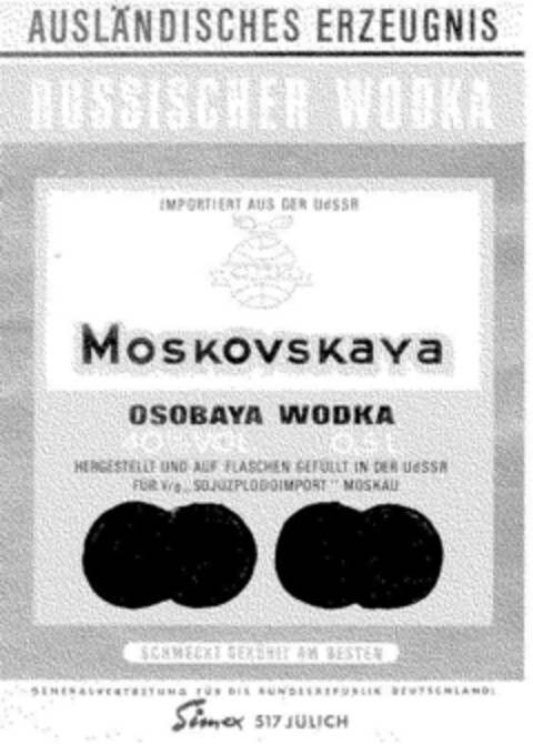 MOSKOVSKAYA OSOBAYA WODKA RUSSISCHER WODKA Logo (DPMA, 01/21/1969)