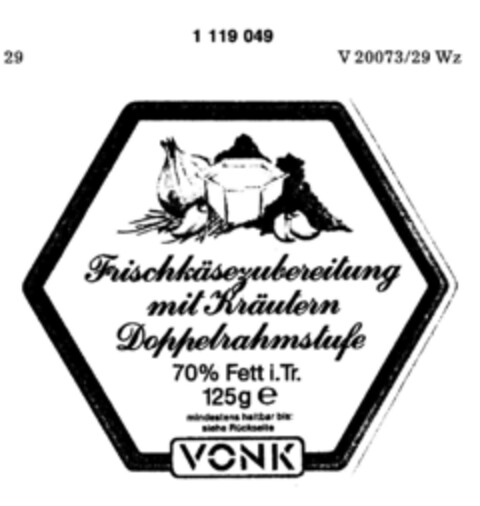 Frischkäsezubereitung mit Kräutern Doppelrahmstufe VONK Logo (DPMA, 02.12.1986)