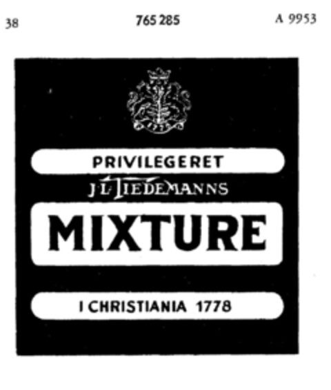 PRIVILEGERET J L TIEDEMANNS MIXTURE I CHRISTIANIA 1778 Logo (DPMA, 08/26/1960)