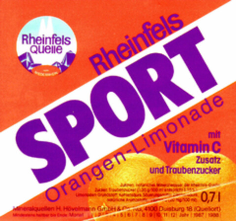 Rheinfels Quelle Rheinfels SPORT Orangen-Limonade mit Vitamin C Zusatz und Traubenzucker Logo (DPMA, 01.07.1986)