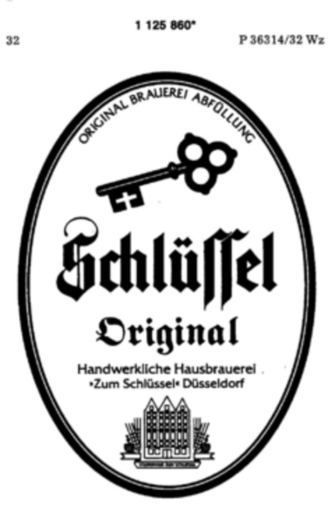 ORIGINAL BRAUEREI ABFÜLLUNG Schlüssel Original Handwerkliche Hausbrauerei "Zum Schlüssel" Düsseldorf Logo (DPMA, 03/18/1988)