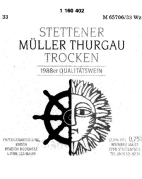 STETTENER MÜLLER THURGAU TROCKEN Logo (DPMA, 30.08.1989)