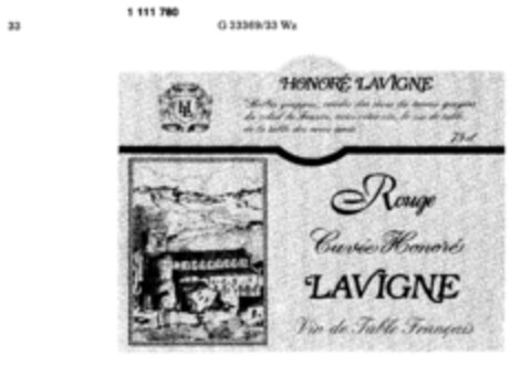 HONORE LAVIGNE Rouge Cuvée Honoré LAVIGNE Vin de Table Français Logo (DPMA, 06/23/1986)