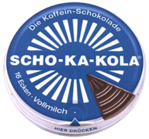 SCHO-KA-KOLA Die Koffein-Schokolade 16 Ecken · Vollmilch · HIER DRÜCKEN Logo (DPMA, 14.07.2023)