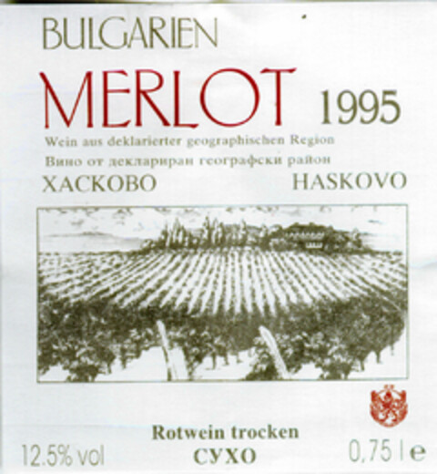 BULGARIEN MERLOT 1995 Rotwein trocken Logo (DPMA, 05/28/1999)