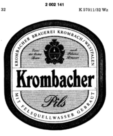 Krombacher Pils MIT FELSQUELLWASSER GEBRAUT KROMBACHER BRAUEREI KROMBACH / WESTFALEN Logo (DPMA, 07.11.1990)