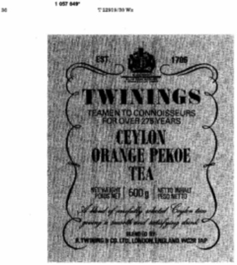 TWININGS CEYLON ORANGE PEKOE TEA Logo (DPMA, 10/27/1983)