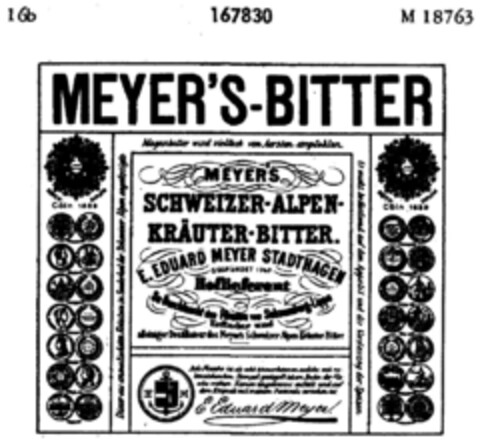 MEYER'S-BITTER MEYER'S SCHWEIZER ALPEN-KRÄUTER-BITTER Logo (DPMA, 04/10/1912)