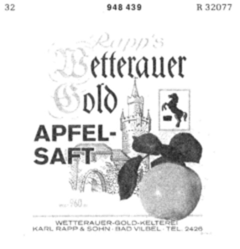 Rapp's Wetterauer Gold APFELSAFT Logo (DPMA, 23.07.1975)