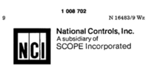 NCI National Controls, Inc. A subsidiary of SCOPE Incorporated Logo (DPMA, 11.05.1979)