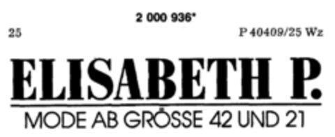 ELISABETH P. MODE AB GRÖSSE 42 UND 21 Logo (DPMA, 17.12.1990)