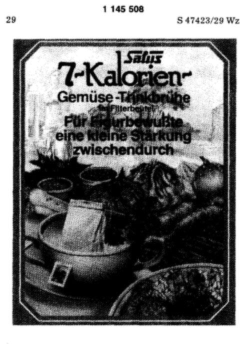 Salus 7-Kalorien-Gemüse-Trinkbrühe im Filterbeutel Für Figurbewußte eine kleine Stärke zwischendurch Logo (DPMA, 26.10.1988)