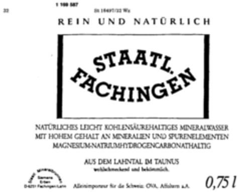 REIN UND NATÜRLICH STAATL. FACHINGEN Logo (DPMA, 22.12.1989)