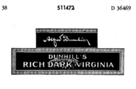 DUNHILL`S RICH DARK VIRGINIA Logo (DPMA, 08/26/1938)
