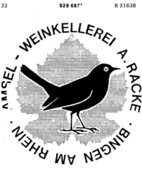 AMSEL-WEINKELLEREI A. RACKE BINGN AM RHEIN Logo (DPMA, 16.01.1975)