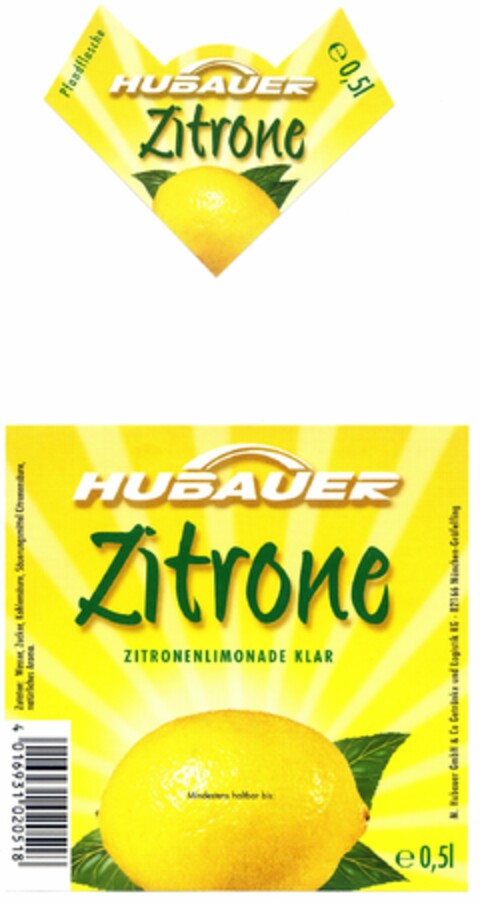 HUBAUER Zitrone ZITRONENLIMONADE KLAR Logo (DPMA, 07.10.2005)