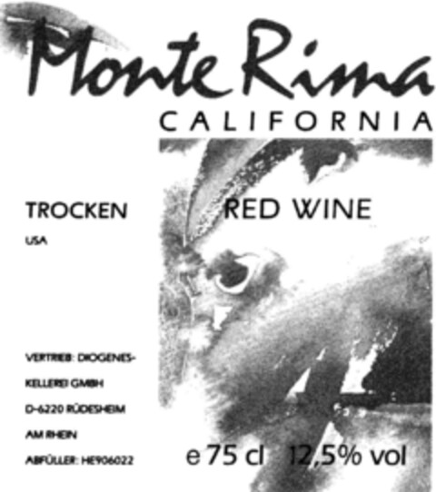 MONTE RIMA CALIFORNIA RED WINE Logo (DPMA, 29.01.1993)