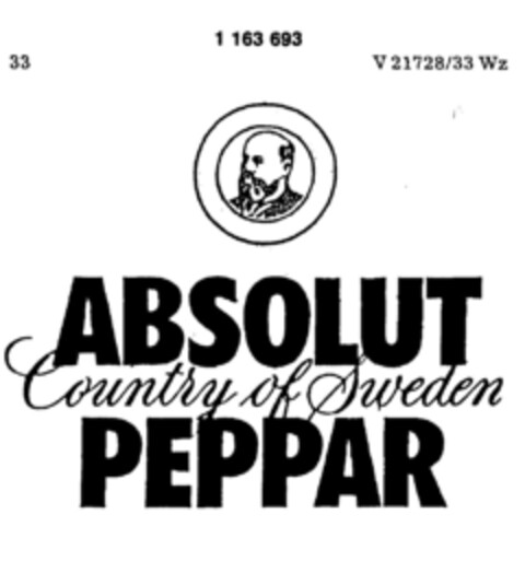 ABSOLUT PEPPAR Country of Sweden Logo (DPMA, 15.09.1989)