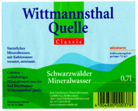Wittmannsthal Quelle Classic Schwarzwälder Mineralwasser Logo (DPMA, 30.04.2001)