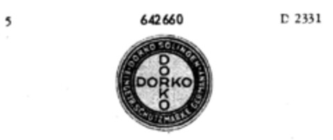 DORKO SOLINGEN EINGETR. SCHUTZMARKE GERMANY Logo (DPMA, 27.12.1951)
