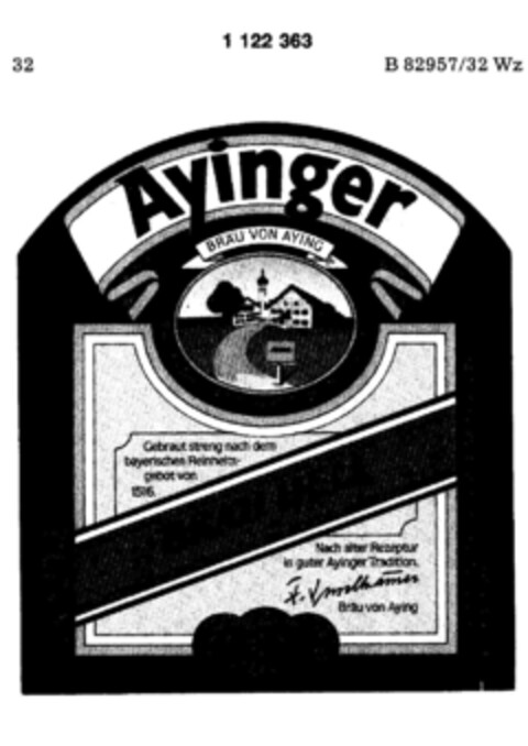 BRÄU HELL Export Ayinger BRÄU VON AYING PRIVATBRAUEREI FRANZ INSELKAMMER Logo (DPMA, 16.10.1987)