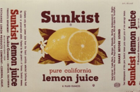Sunkist pure california lemon juice Logo (DPMA, 25.07.1955)
