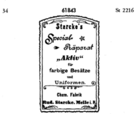 Starcke's Special Präparat "Aktiv" für farbige Besätze und Uniformen. Logo (DPMA, 18.04.1903)