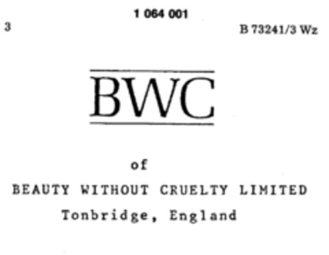 BWC of BEAUTY WITHOUT CRUELTY LIMITED Logo (DPMA, 10/11/1983)