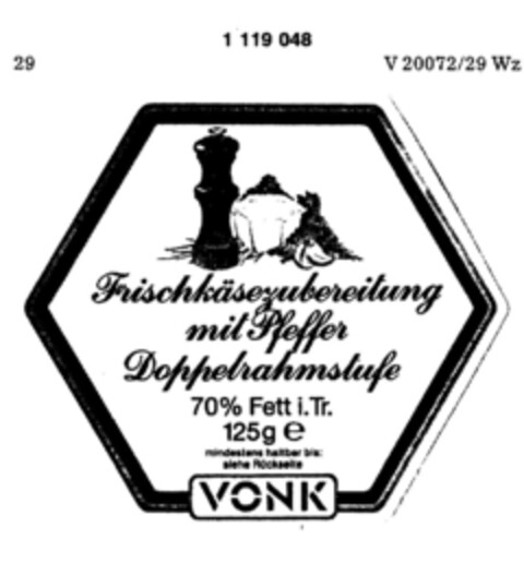 Frischkäsezubereitung mit Pfeffer Doppelrahmstufe VONK Logo (DPMA, 12/02/1986)