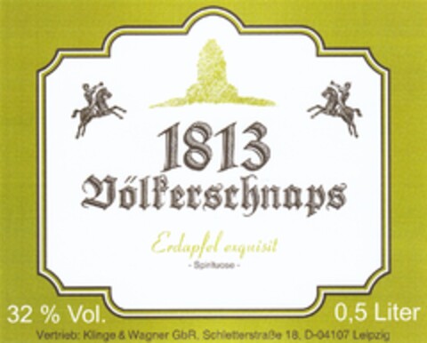 1813 Völkerschnaps Erdapfel exquisit - Spirituose - 32% Vol. 0,5 Liter Logo (DPMA, 27.06.2013)
