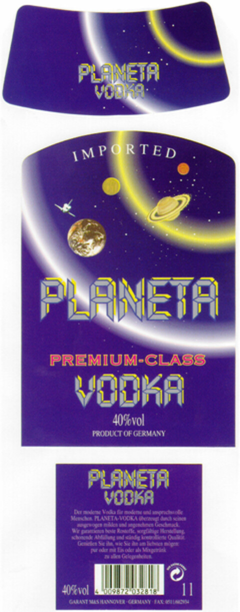 PLANETA VODKA Logo (DPMA, 27.02.1996)