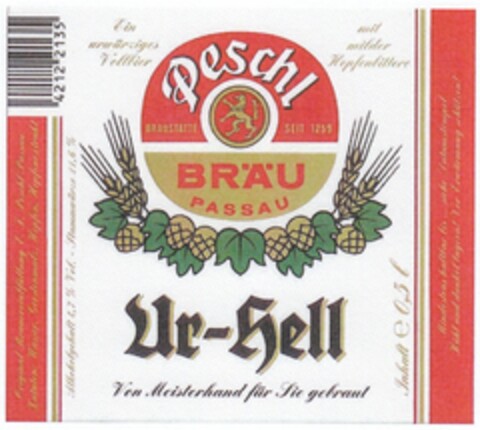 Peschl BRÄU PASSAU Braustätte seit 1259 Ur-hell Logo (DPMA, 22.09.2008)