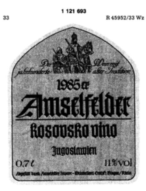 1985er Amselfelder kosovsko vino Jugoslawien Logo (DPMA, 30.10.1987)