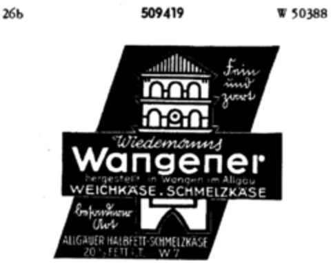 Wiedemanns Wangener hergestellt in Wangen im Allgäu Logo (DPMA, 22.06.1938)