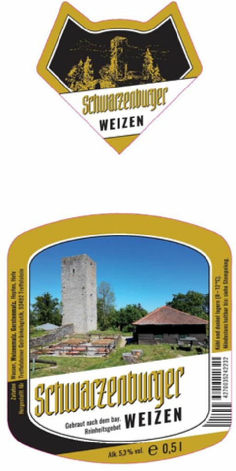 schwarzenburger WEIZEN schwarzenburger Gebraut nach dem bay. Reinheitsgebot WEIZEN Alk. 5,3 % vol. Logo (DPMA, 06.11.2023)