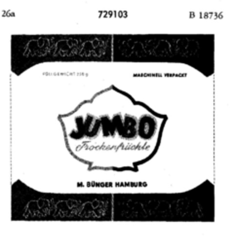 JUMBO Trockenfrüchte M. BÜNGER HAMBURG Logo (DPMA, 10/22/1958)