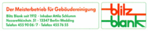 Der Meisterbetrieb für Gebäudereinigung   blitz blank Logo (DPMA, 26.08.1992)