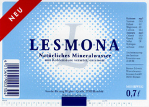 LESMONA Natürliches Mineralwasser Logo (DPMA, 29.09.1999)