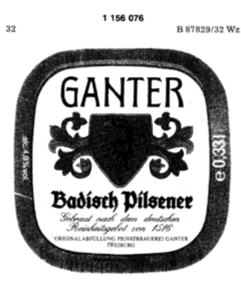 GANTER Badisch Pilsener Logo (DPMA, 21.07.1989)