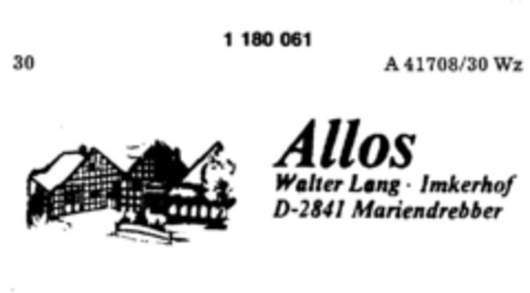 Allos Walter Lang·Imkerhof D-2841 Mariendrebber Logo (DPMA, 07/04/1986)