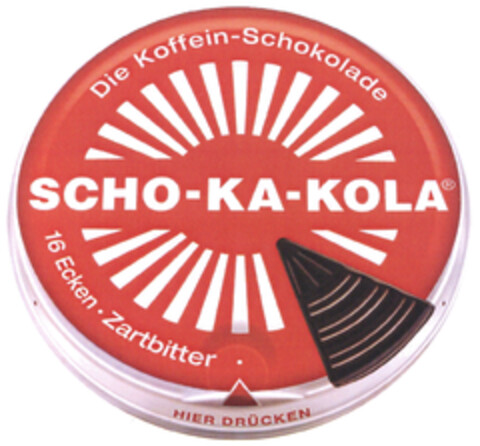 SCHO-KA-KOLA Die Koffein-Schokolade 16 Ecken · Zartbitter · HIER DRÜCKEN Logo (DPMA, 14.07.2023)