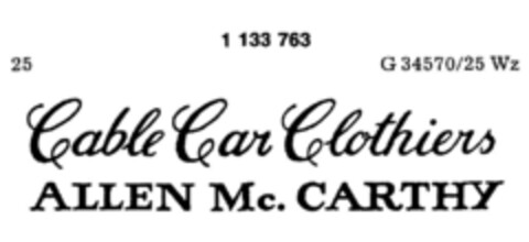 Cable Car Clothiers ALLEN Mc. CARTHY Logo (DPMA, 25.07.1987)