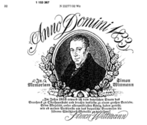 Anno Domini 1833 In Memoriam Simon Wittmann Logo (DPMA, 03/16/1989)