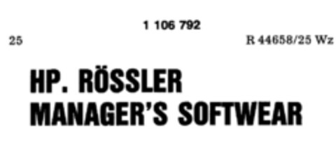 HP. RÖSSLER MANAGER`S SOFTWEAR Logo (DPMA, 05.09.1986)