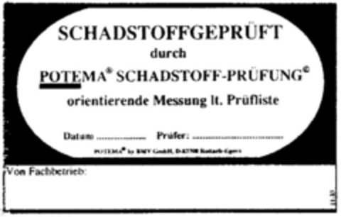 SCHADSTOFFGEPRÜFT durch POTEMA SCHADSTOFF-PRÜFUNG Logo (DPMA, 21.10.1995)